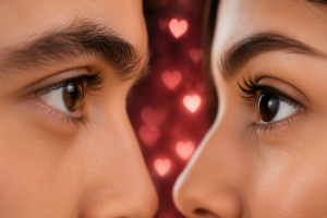 Close-up dos olhos de um casal olhando um para o outro, ilustrando a relação entre emoções, atração e a dilatação das pupilas estudada pela ciência.